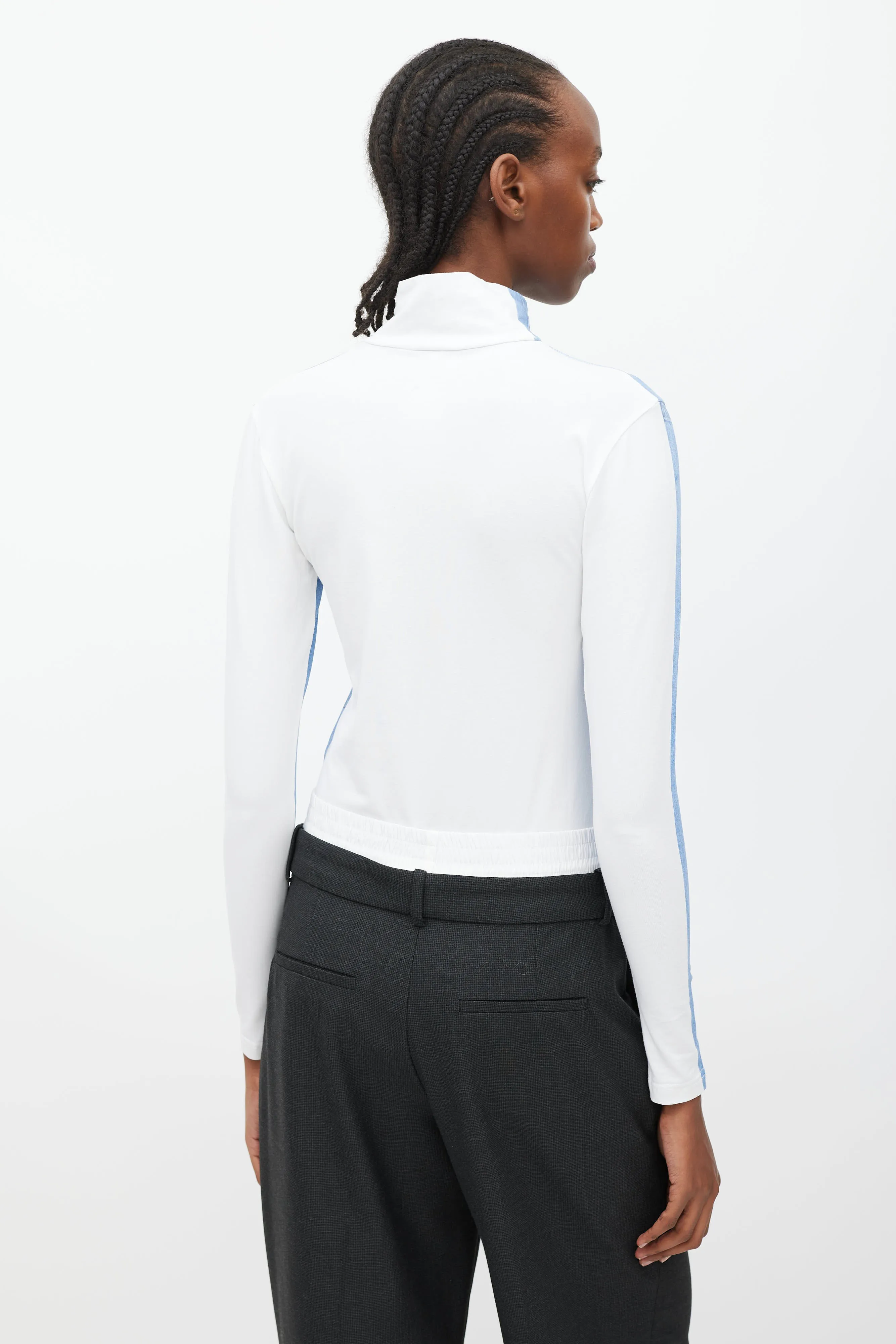 Winter 2019 Blue & White Trompe L'oeil Turtleneck Bodysuit