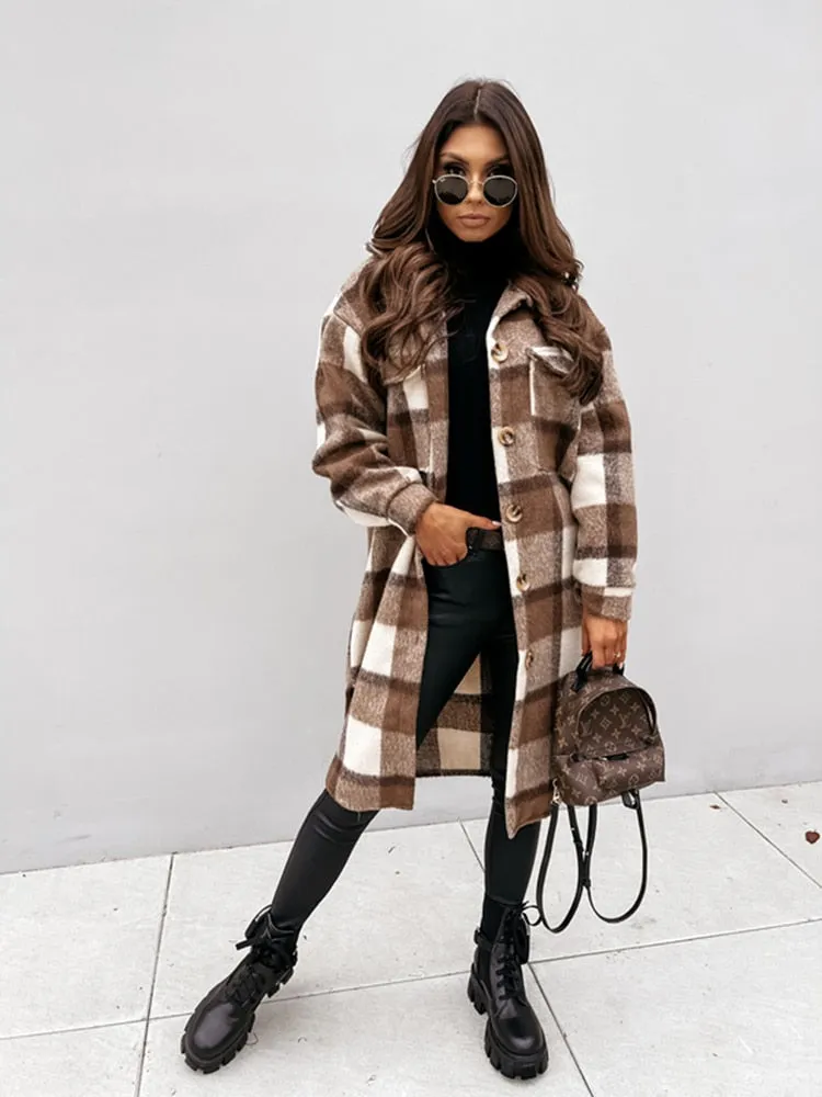 Women Winter Woolen Coats Female Plaid Print Retro Warm Thick Plaid Shirt Long Jacket