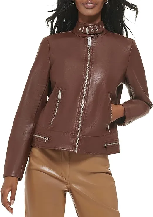 Women’s Collar Belt Leather Jacket