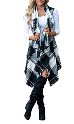 Womens Sleeveless Waterfall Open Front Hem Distressed Layered Plaid Vest Cardigan Jackets