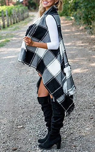 Womens Sleeveless Waterfall Open Front Hem Distressed Layered Plaid Vest Cardigan Jackets