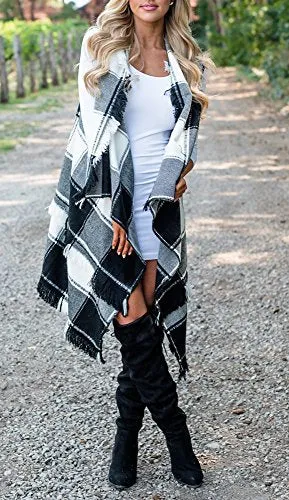 Womens Sleeveless Waterfall Open Front Hem Distressed Layered Plaid Vest Cardigan Jackets