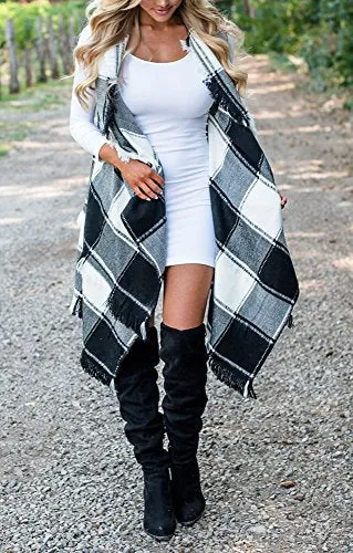Womens Sleeveless Waterfall Open Front Hem Distressed Layered Plaid Vest Cardigan Jackets