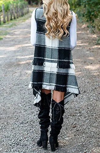 Womens Sleeveless Waterfall Open Front Hem Distressed Layered Plaid Vest Cardigan Jackets